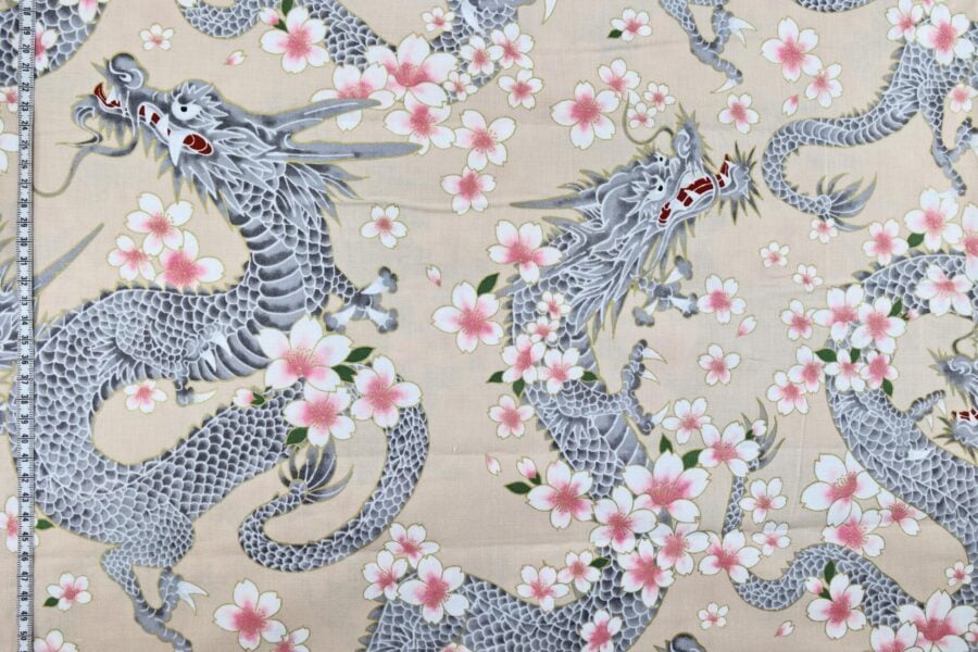 Japanese fabric Dragon and Sakura cream background