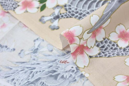Japanese fabric Dragon and Sakura cream background