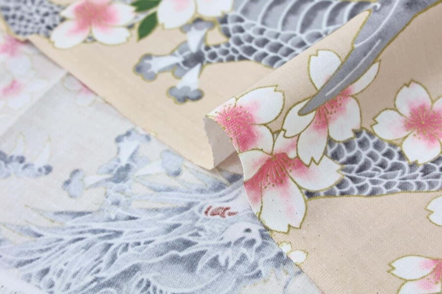 Japanese fabric Dragon and Sakura cream background