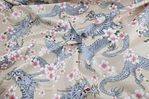 Japanese fabric Dragon and Sakura cream background