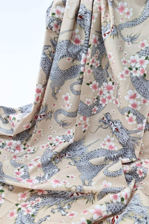 Japanese fabric Dragon and Sakura cream background
