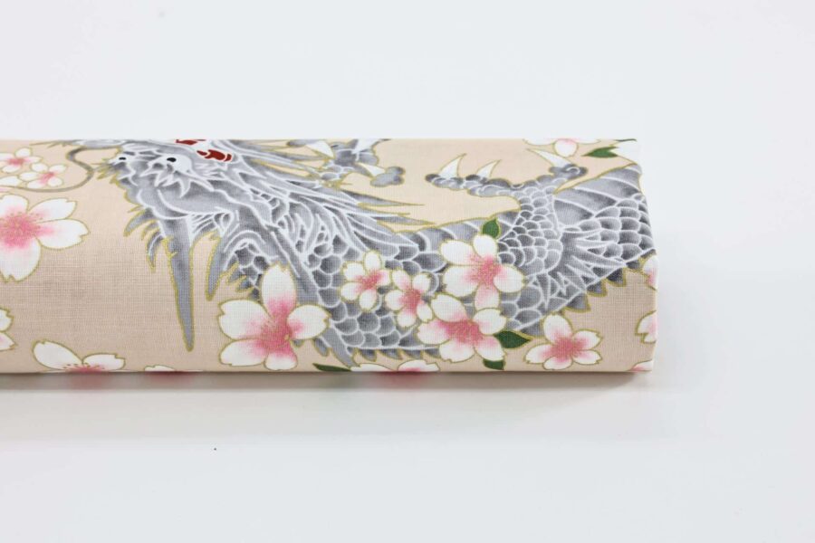 Japanese fabric Dragon and Sakura cream background