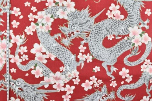 Japanese fabric Dragon and Sakura red background