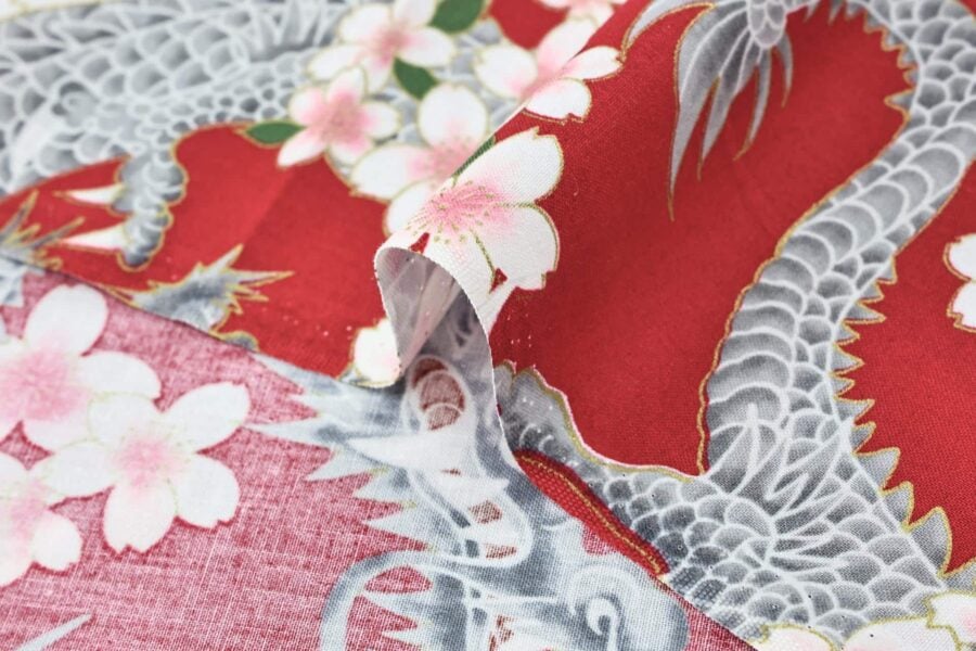 Japanese fabric Dragon and Sakura red background