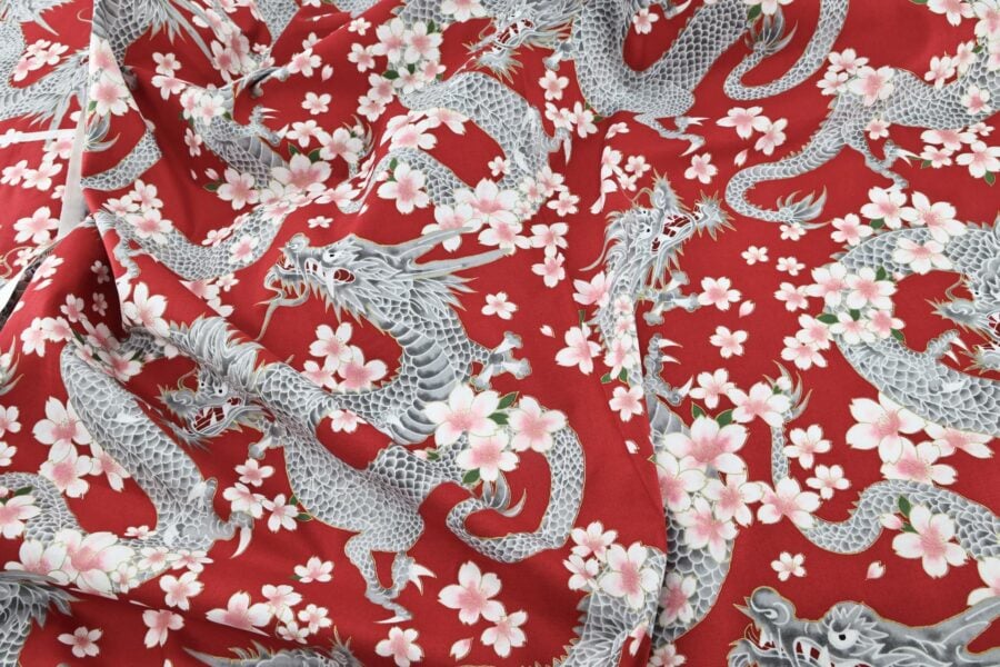 Japanese fabric Dragon and Sakura red background