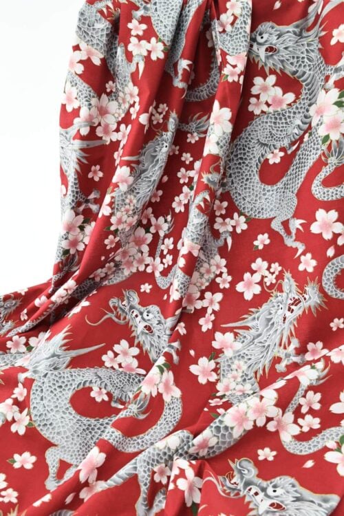 Japanese fabric Dragon and Sakura red background