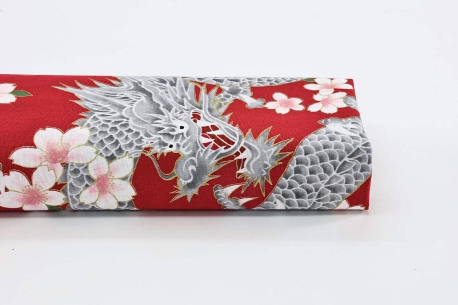 Japanese fabric Dragon and Sakura red background