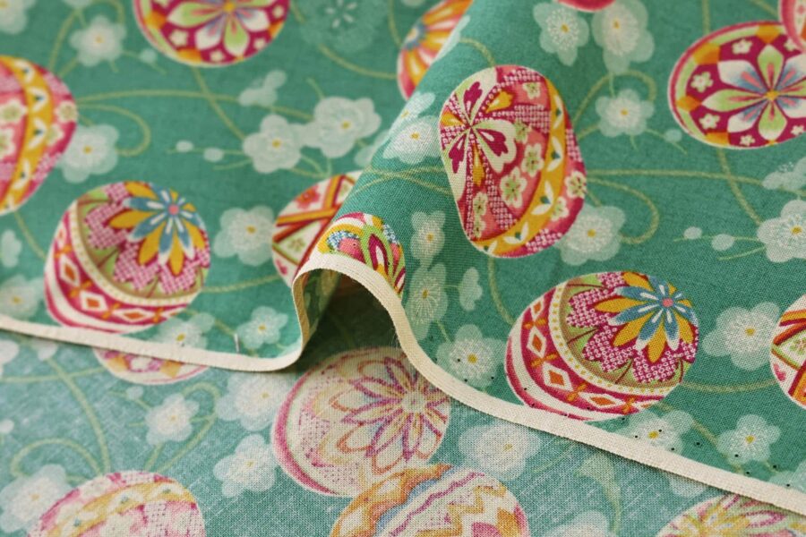 Japanese fabric Temari and Ume green background