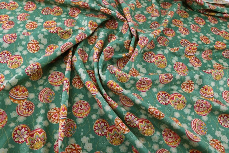 Japanese fabric Temari and Ume green background