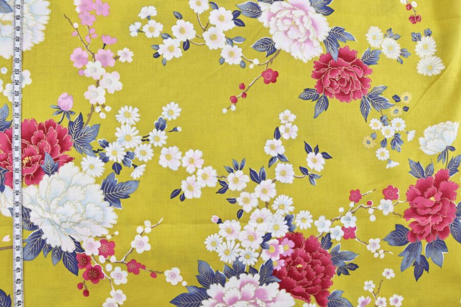 Japanese fabric bright flowers on mustard background 1