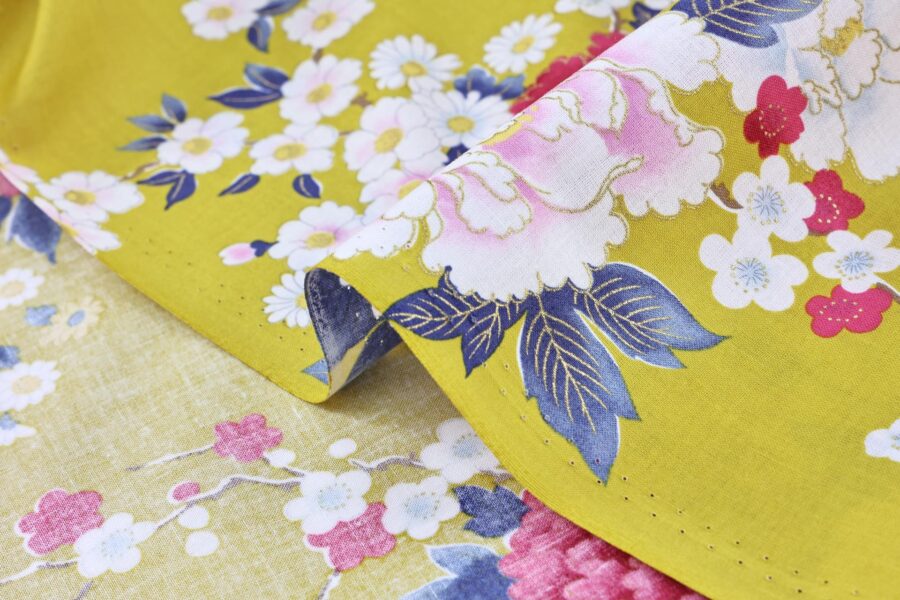 Japanese fabric bright flowers on mustard background 1