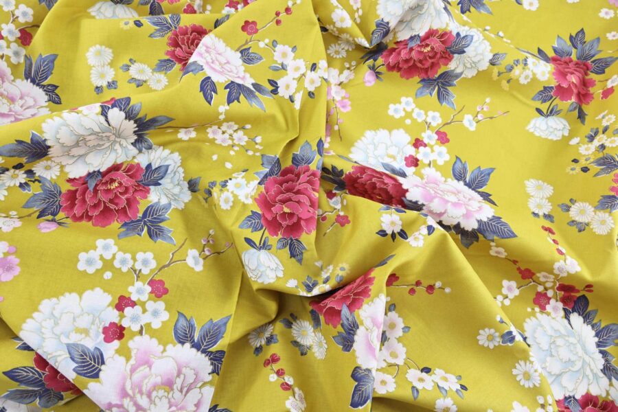 Japanese fabric bright flowers on mustard background 1