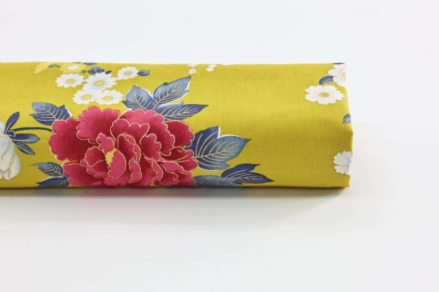 Japanese fabric bright flowers on mustard background