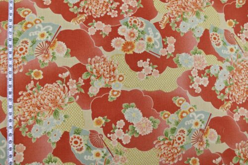 Japanese fabric flowers and clouds coral red