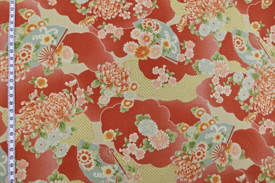 Japanese fabric flowers and clouds coral red