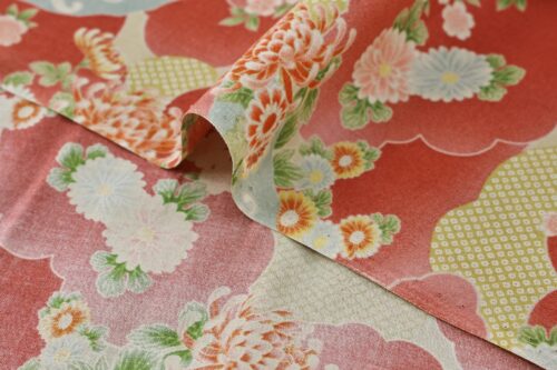Japanese fabric flowers and clouds coral red