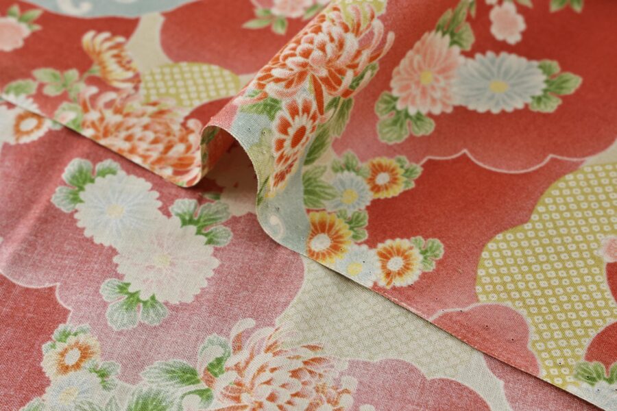Japanese fabric flowers and clouds coral red