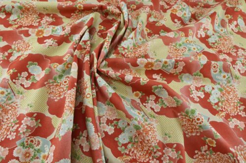 Japanese fabric flowers and clouds coral red