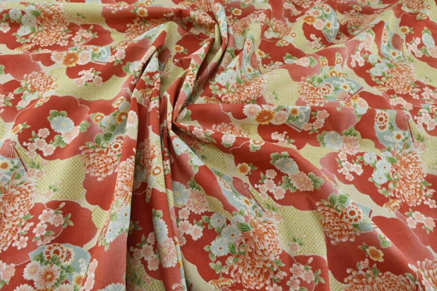 Japanese fabric flowers and clouds coral red