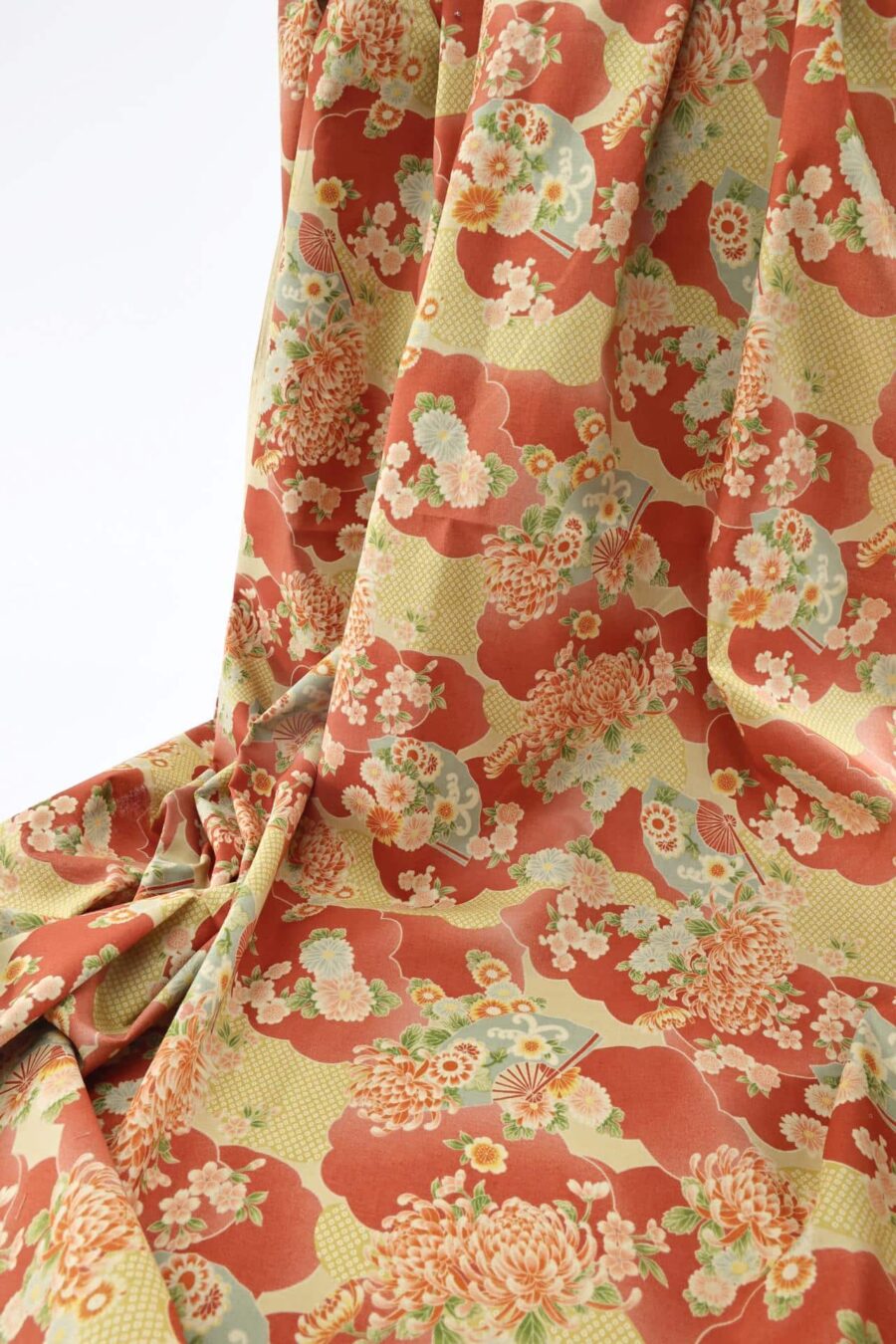 Japanese fabric flowers and clouds coral red