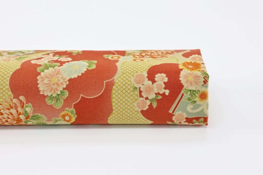 Japanese fabric flowers and clouds coral red
