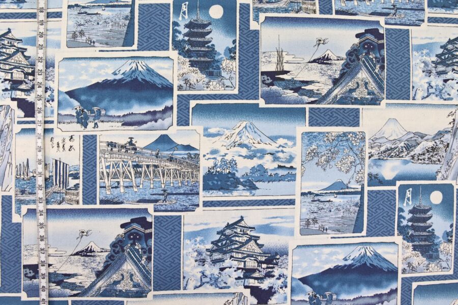 Japanese Fabric with blue prints of Ukiyo-e art