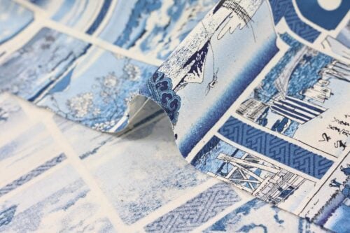 Japanese Fabric with blue prints of Ukiyo-e art