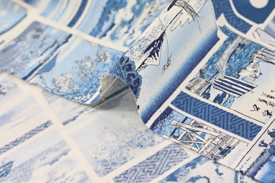 Japanese Fabric with blue prints of Ukiyo-e art