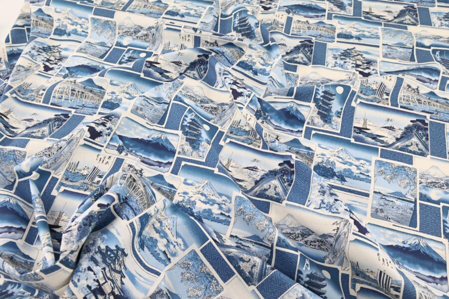 Japanese Fabric with blue prints of Ukiyo-e art