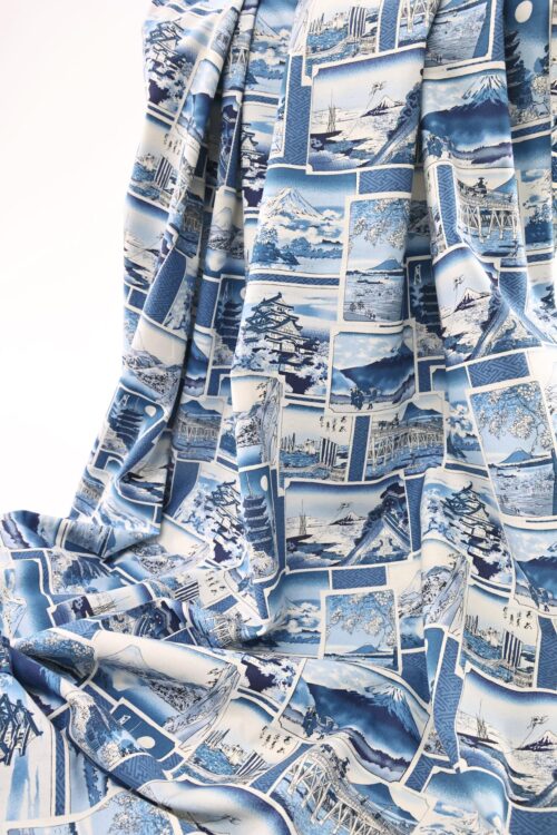 Japanese Fabric with blue prints of Ukiyo-e art