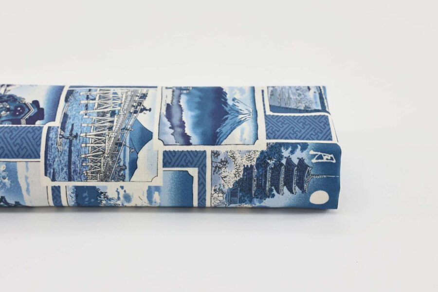 Japanese Fabric with blue prints of Ukiyo-e art