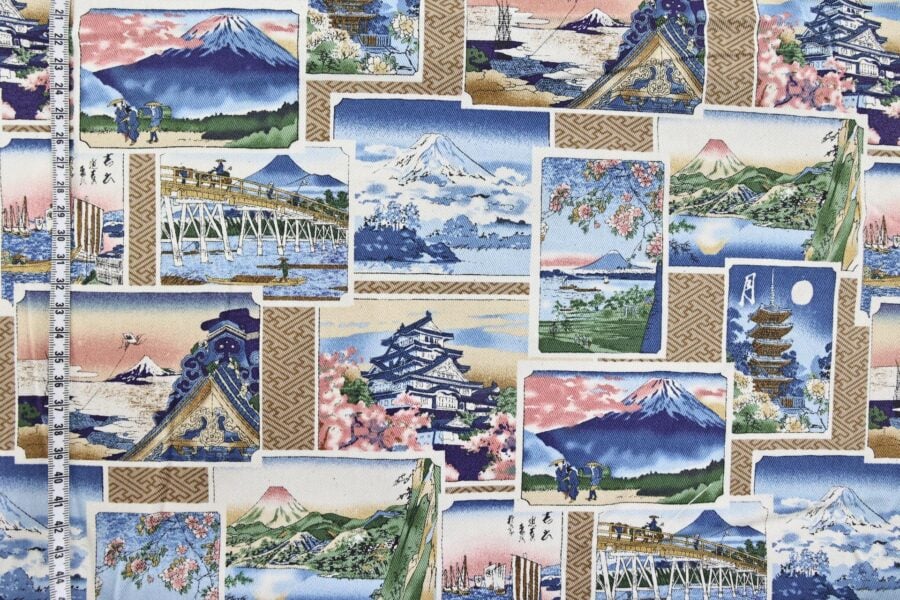 Japanese Fabric with colorful prints of Ukiyo-e art