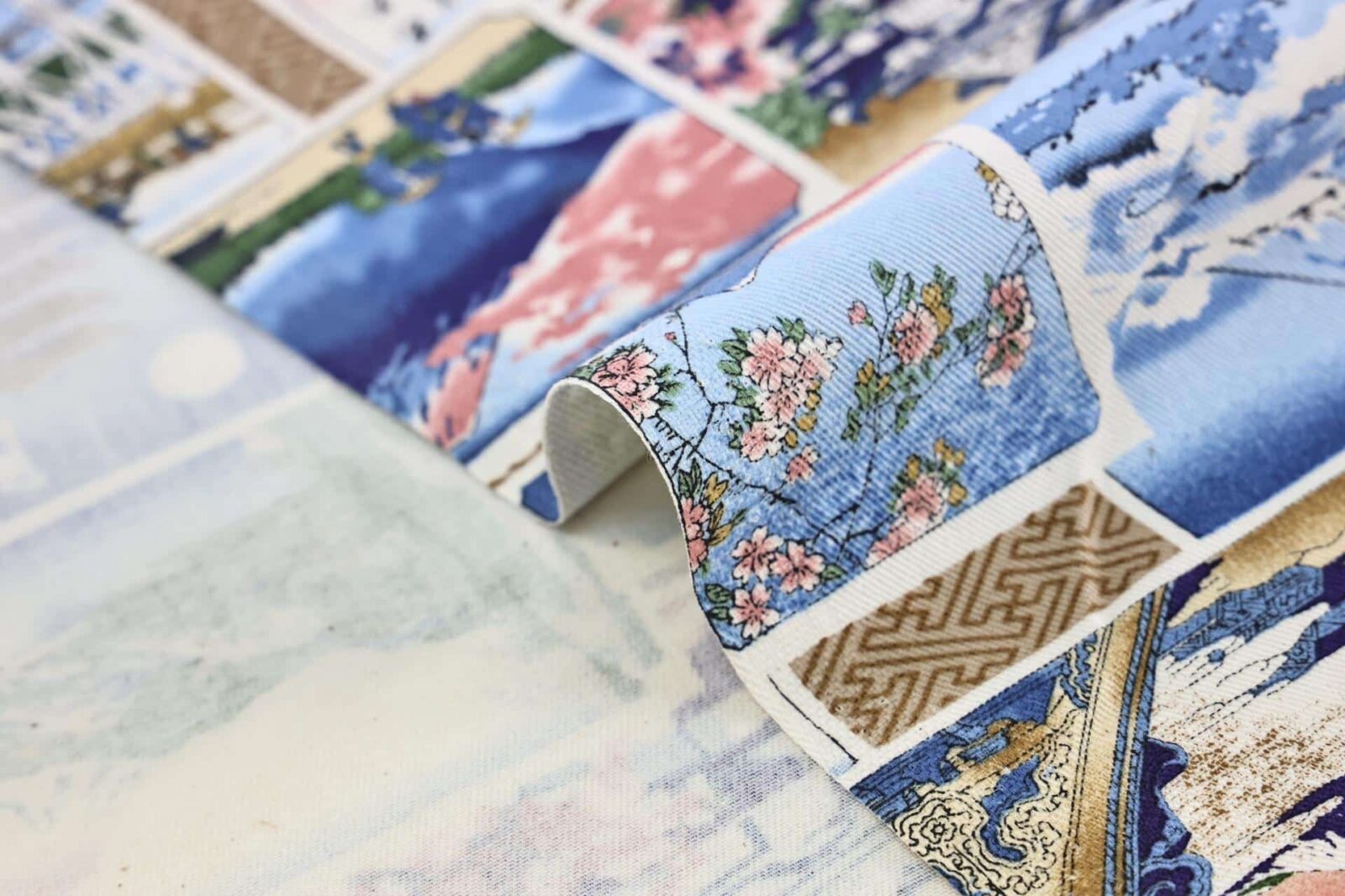 Japanese Fabric with colorful prints of Ukiyo-e art