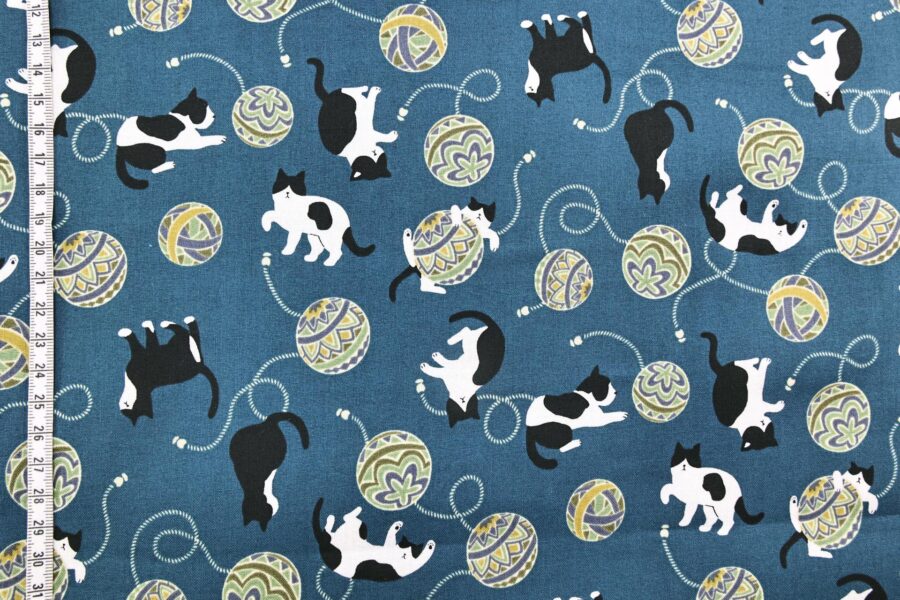 Kawaii Neko Temari fabric blue background