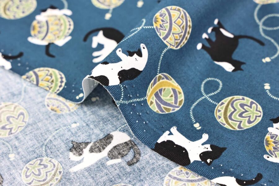 Kawaii Neko Temari fabric blue background