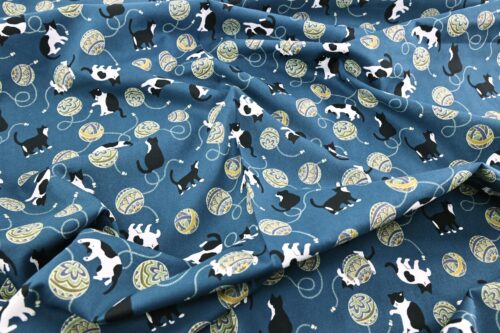 Kawaii Neko Temari fabric blue background