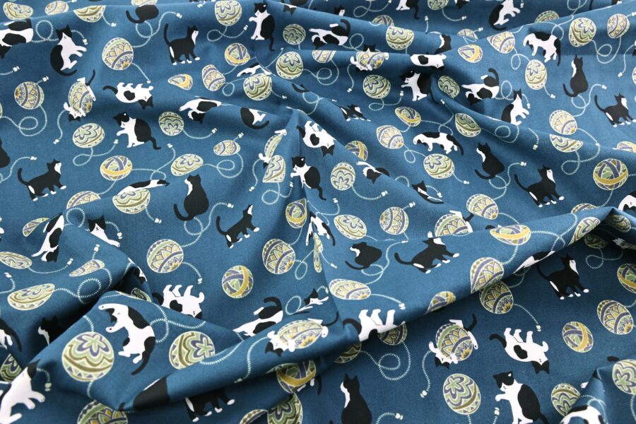 Kawaii Neko Temari fabric blue background