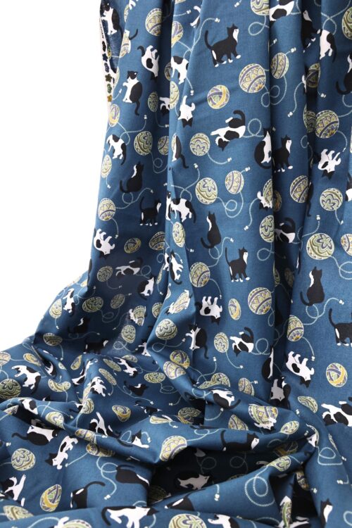 Kawaii Neko Temari fabric blue background