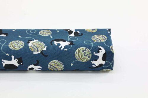 Kawaii Neko Temari fabric blue background