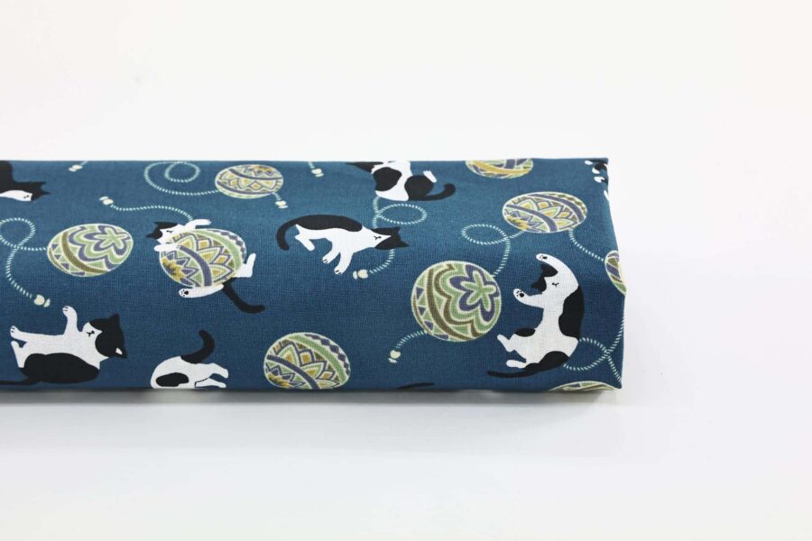 Kawaii Neko Temari fabric blue background