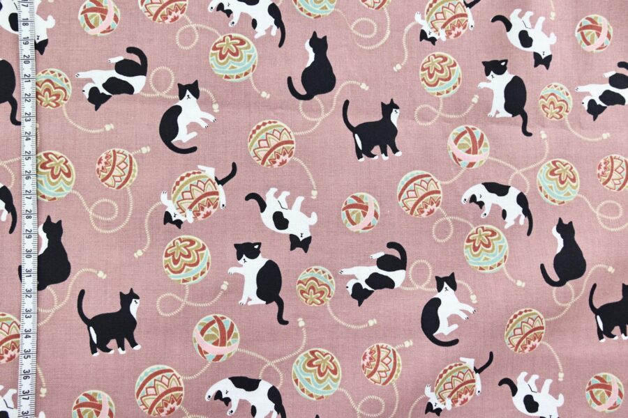 Kawaii Neko Temari fabric pink background