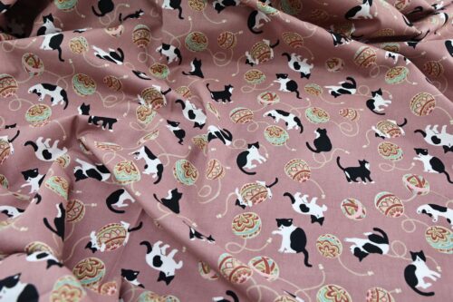 Kawaii Neko Temari fabric pink background