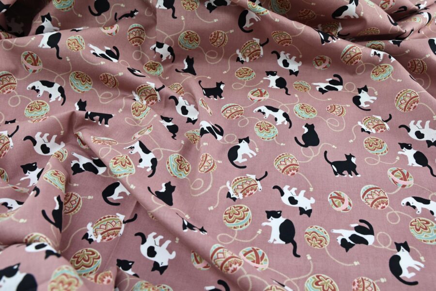 Kawaii Neko Temari fabric pink background