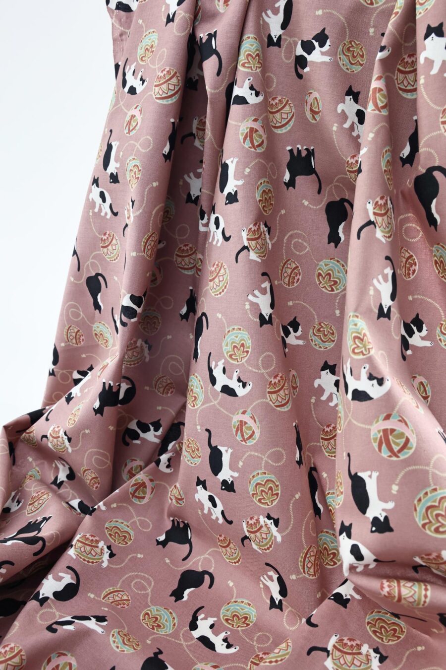 Kawaii Neko Temari fabric pink background