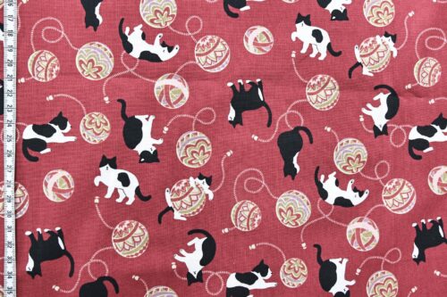 Kawaii Neko Temari fabric red background