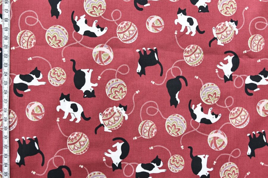 Kawaii Neko Temari fabric red background