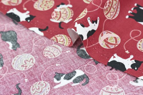 Kawaii Neko Temari fabric red background
