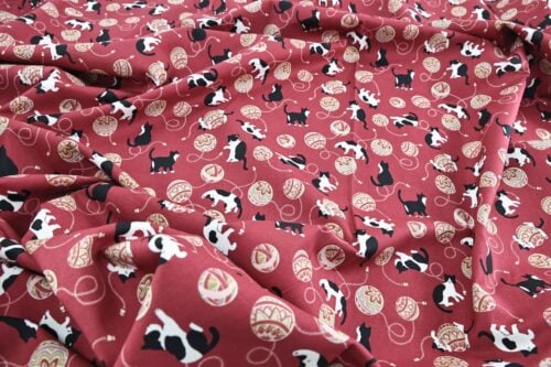 Kawaii Neko Temari fabric red background