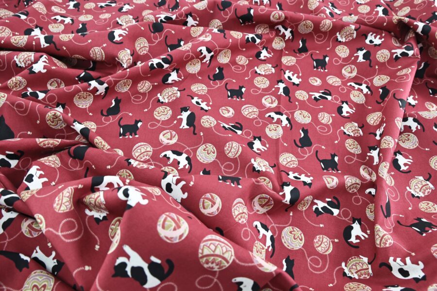 Kawaii Neko Temari fabric red background
