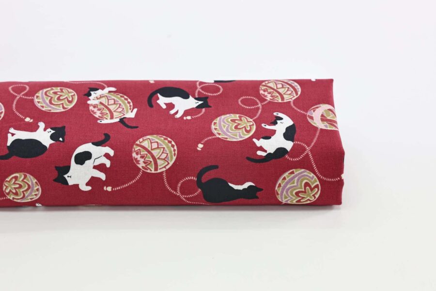 Kawaii Neko Temari fabric red background